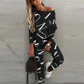 Women’s Letter Printed Casual Suit with Long Sleeved Pants - Himpall